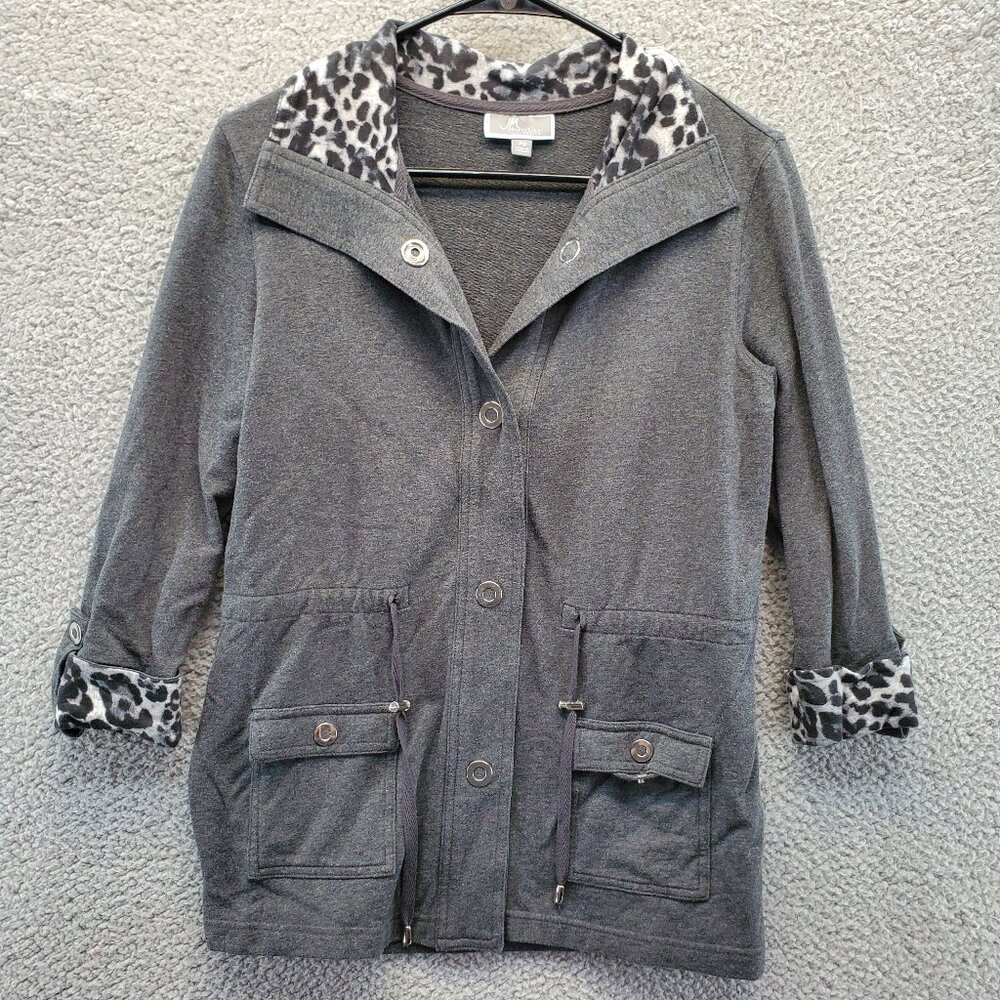 JM Collection Petite Spring Coat Jacket Gray‎ With Animal Print Collar Si…